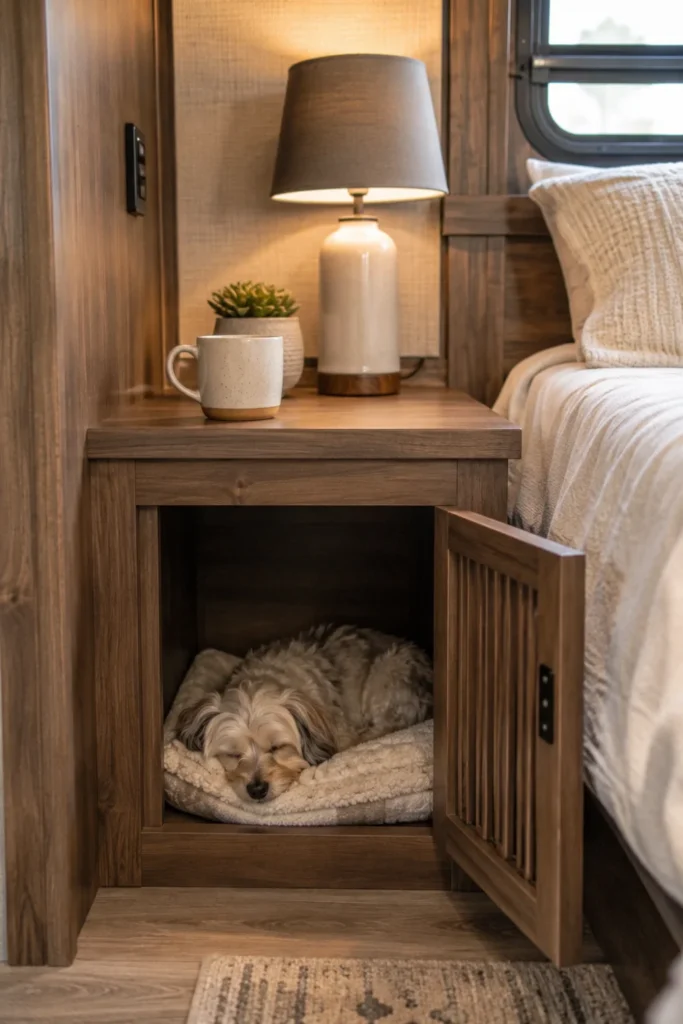Custom wooden bedside nightstand table with an integrated dog kennel compartment in an RV bedroom.