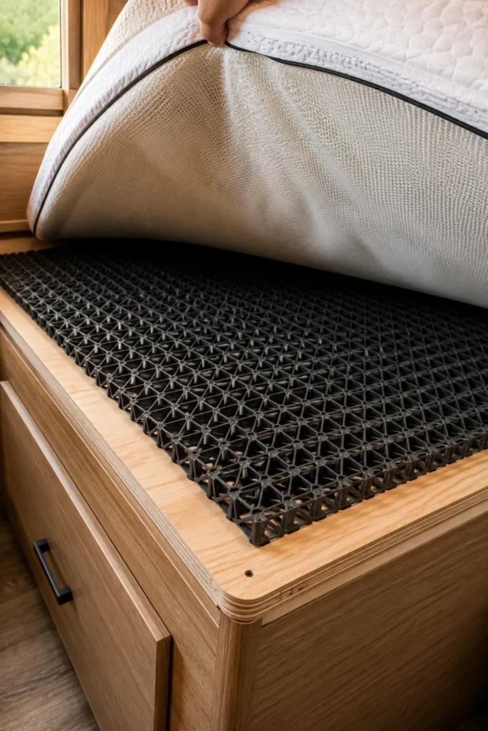 Breathable polymer anti-condensation mesh pad placed beneath an RV mattress on a plywood platform.
