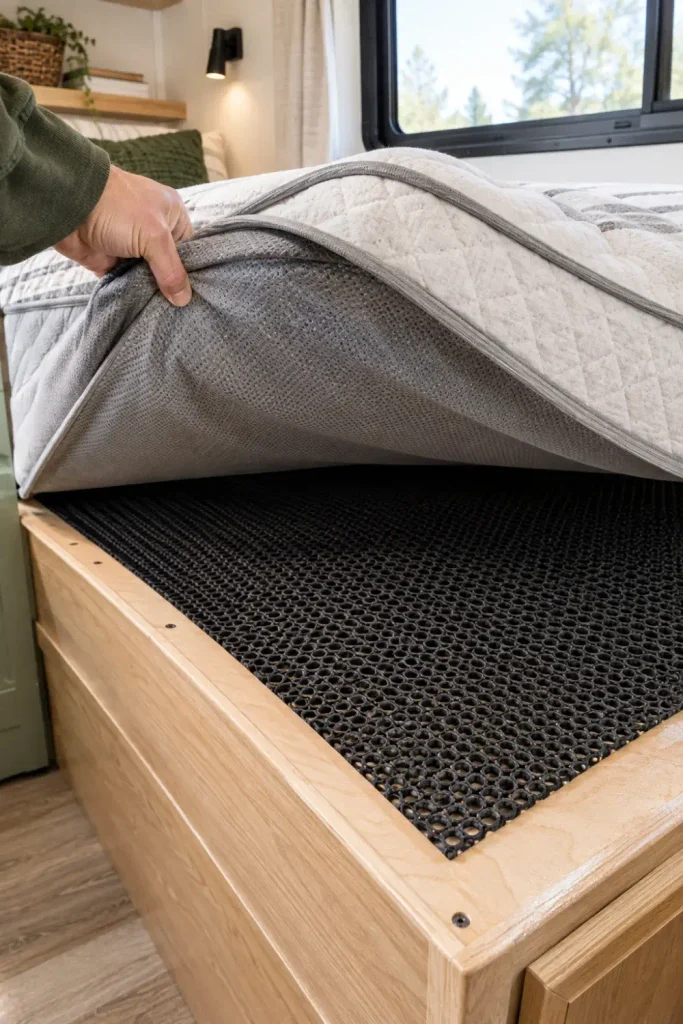 Breathable moisture-wicking mesh underlayment visible beneath an elevated RV bunk mattress.
