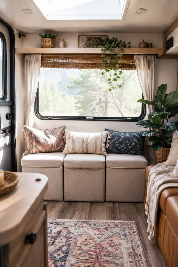 Modular fabric storage ottomans arranged as flexible seating in a travel trailer.