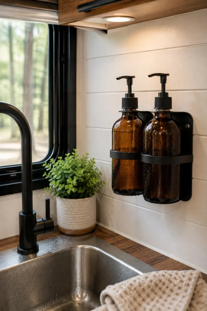 Wall mounted amber glass soap dispenser bottles beside a camper kitchen sink.