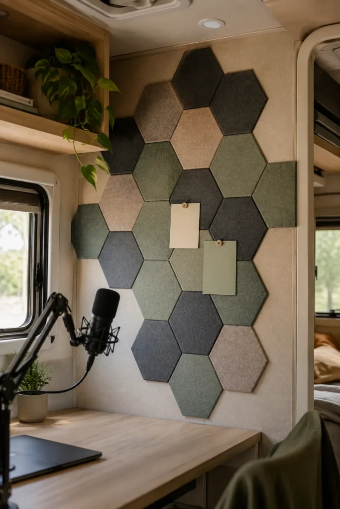Geometric felt hexagon acoustic wall tiles installed behind an RV desk setup to reduce echo on video calls.