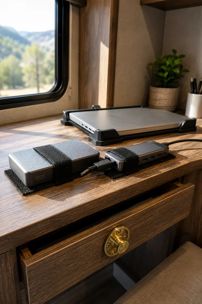 Travel-ready RV desk setup with electronics secured using industrial velcro and marine push-button latches.