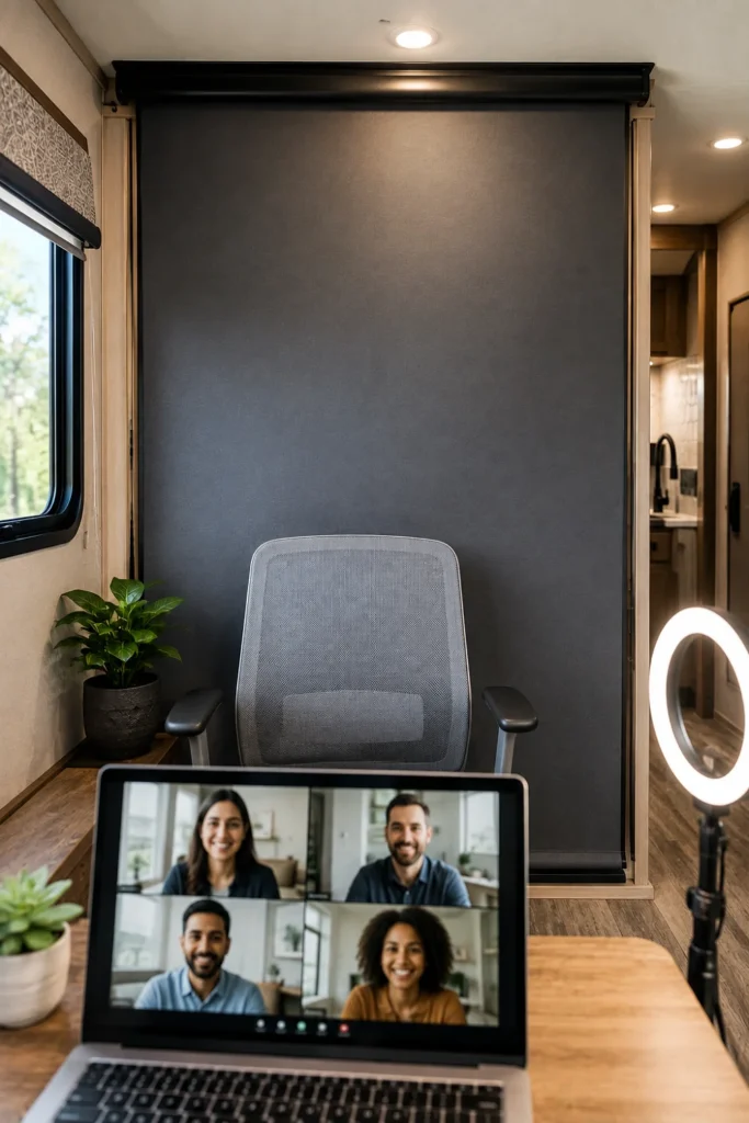 Retractable ceiling-mounted neutral roller shade pulled down behind an RV desk chair as a video call backdrop.