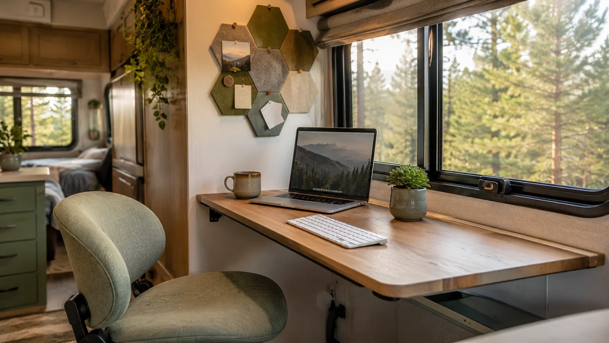 Cozy and modern RV office workspace setup featuring a wooden drop-down desk, laptop, ergonomic chair, and natural window view in a camper.