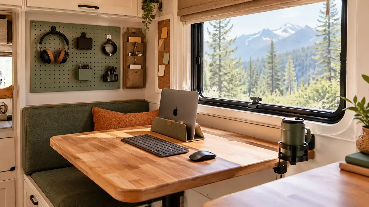 Bright, organized RV office workspace showing clever wall storage, cable management, and a compact laptop desk in natural morning light.