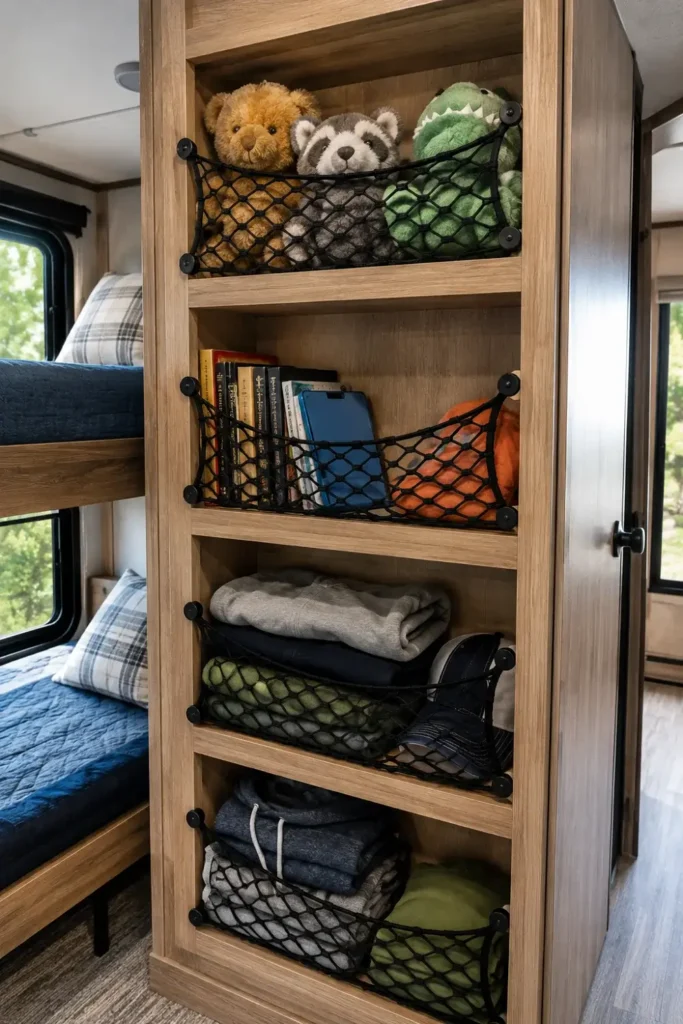 A view of an open shelving unit in an RV bunk room where soft webbing cargo netting is stretched across each cubby to secure loose items during travel.