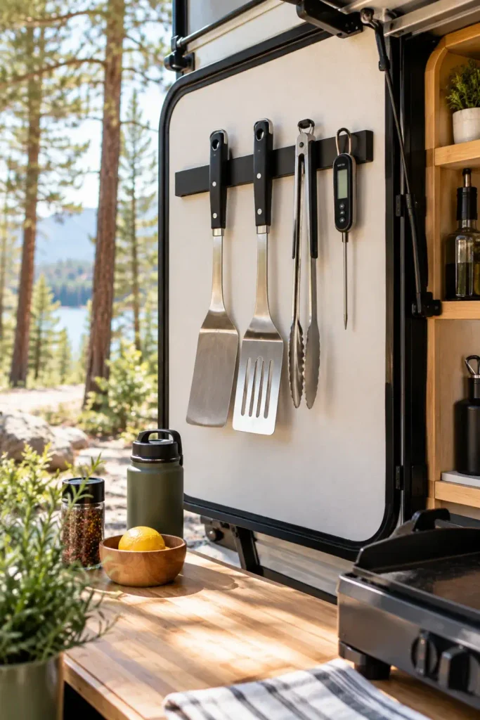 Heavy-duty magnetic tool bar holding metal spatulas and tongs inside an RV outdoor kitchen hatch.