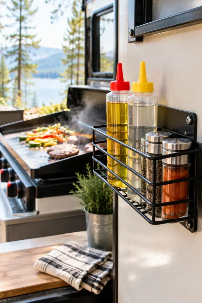 Wire wall basket holding cooking oil squeeze bottles and spice shakers inside an RV outdoor kitchen.