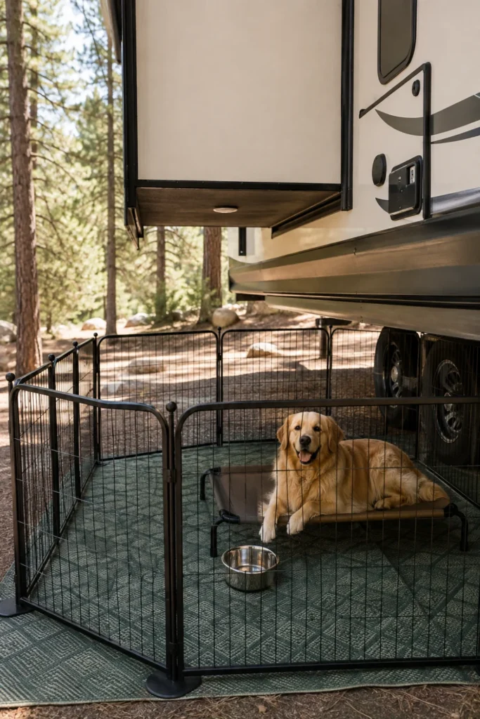 Outdoor modular dog exercise pen set up under an extended RV slideout for shaded campsite containment.