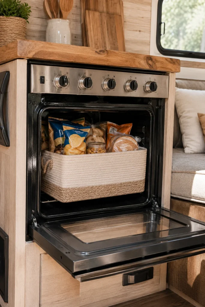 Open RV oven holding a fabric storage bin filled with dry bread and snack packages.