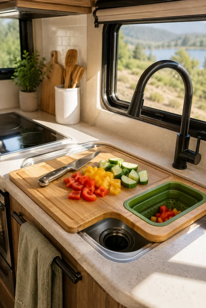 Bamboo over-the-sink cutting board with built-in silicone colander doubling counter prep space in an RV galley.