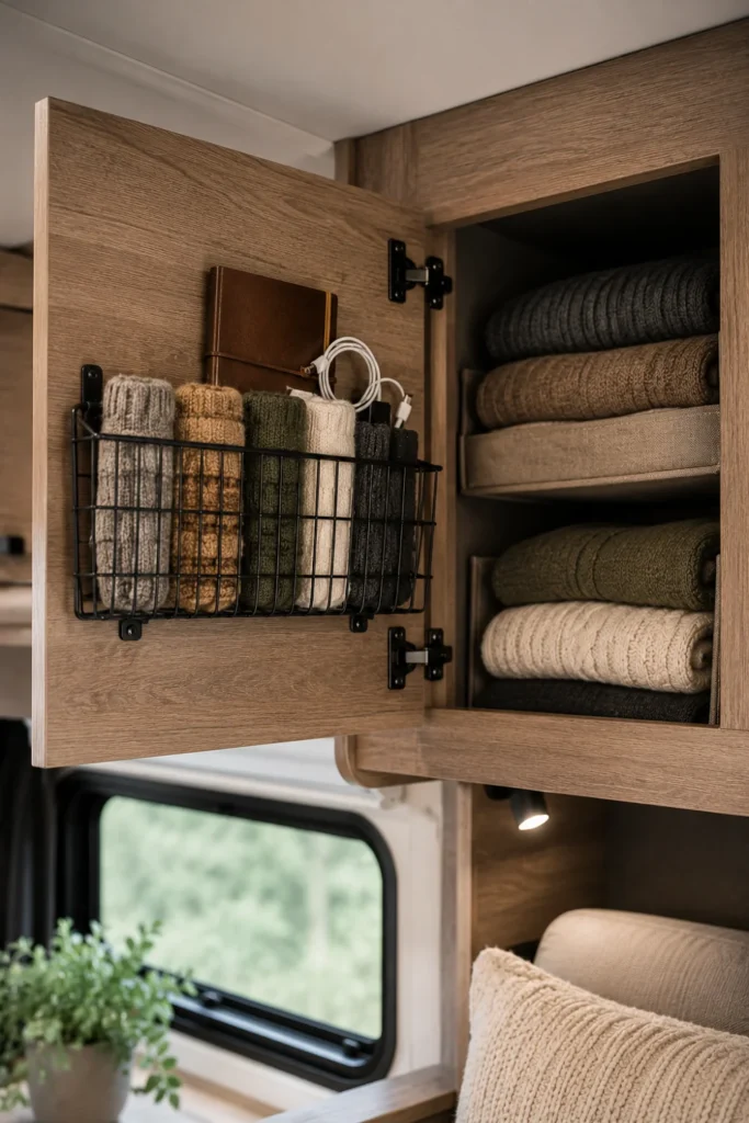Slim black wire basket mounted inside an open RV overhead cabinet door holding travel accessories.