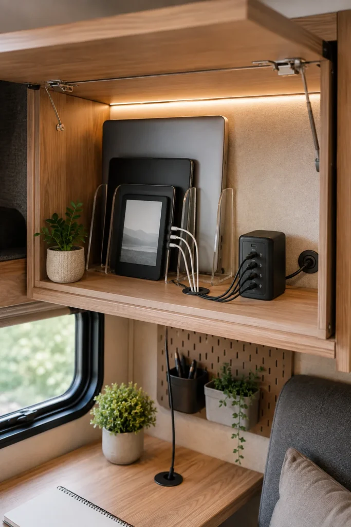 Overhead camper cabinet converted into a hidden charging station for laptops and tablets with vertical dividers.