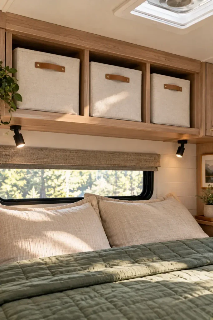 A row of neat, off-white linen storage bins with fabric handles perfectly fitting inside the open overhead cubby shelves in a camper bedroom.
