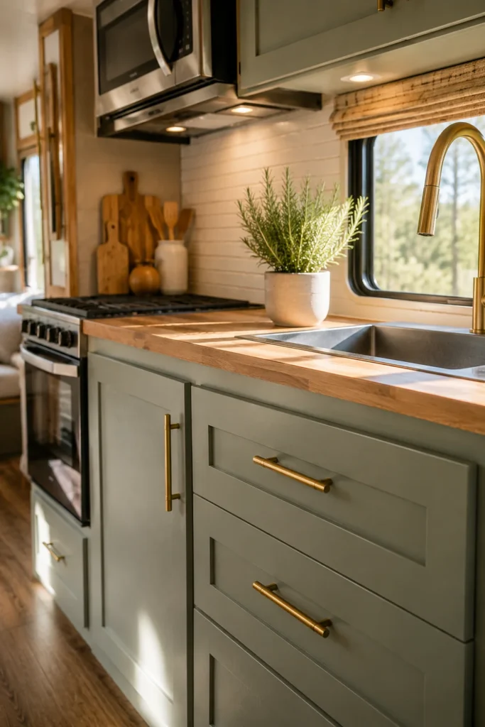  Close-up of renovated RV kitchen cabinets painted muted sage green with modern matte brass bar handles and butcher block counters.