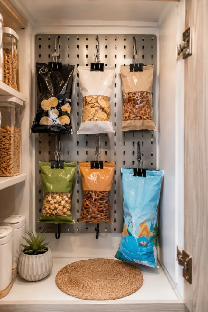 Compact metal pegboard on the back wall of an RV cabinet holding snack bags suspended with binder clips.