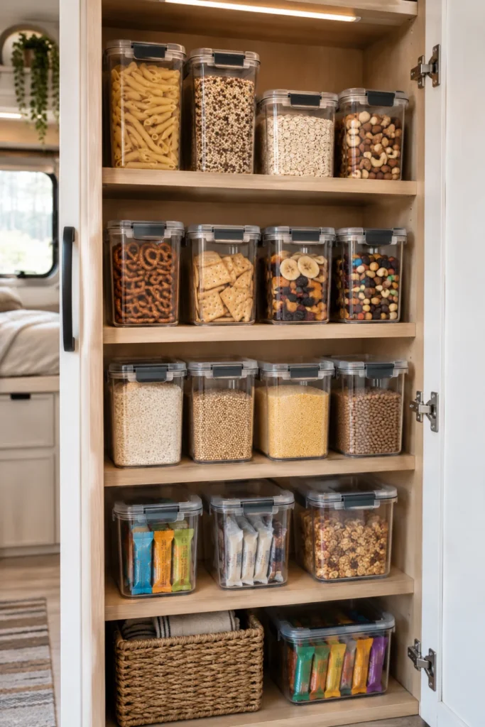 Stackable clear plastic bins with secure latching lids organized inside an RV pantry cupboard.