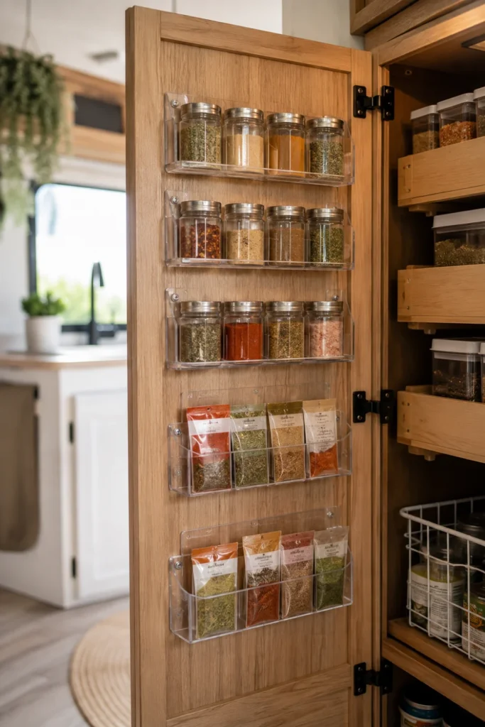 Clear acrylic pockets mounted inside an open wood RV pantry door storing spice jars and packet mixes.