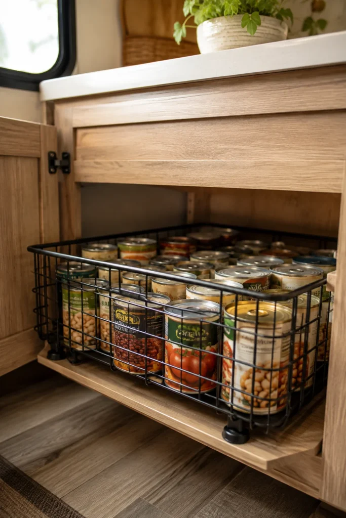 Pull-out black wire basket with non-skid feet holding canned goods on a lower RV pantry shelf.