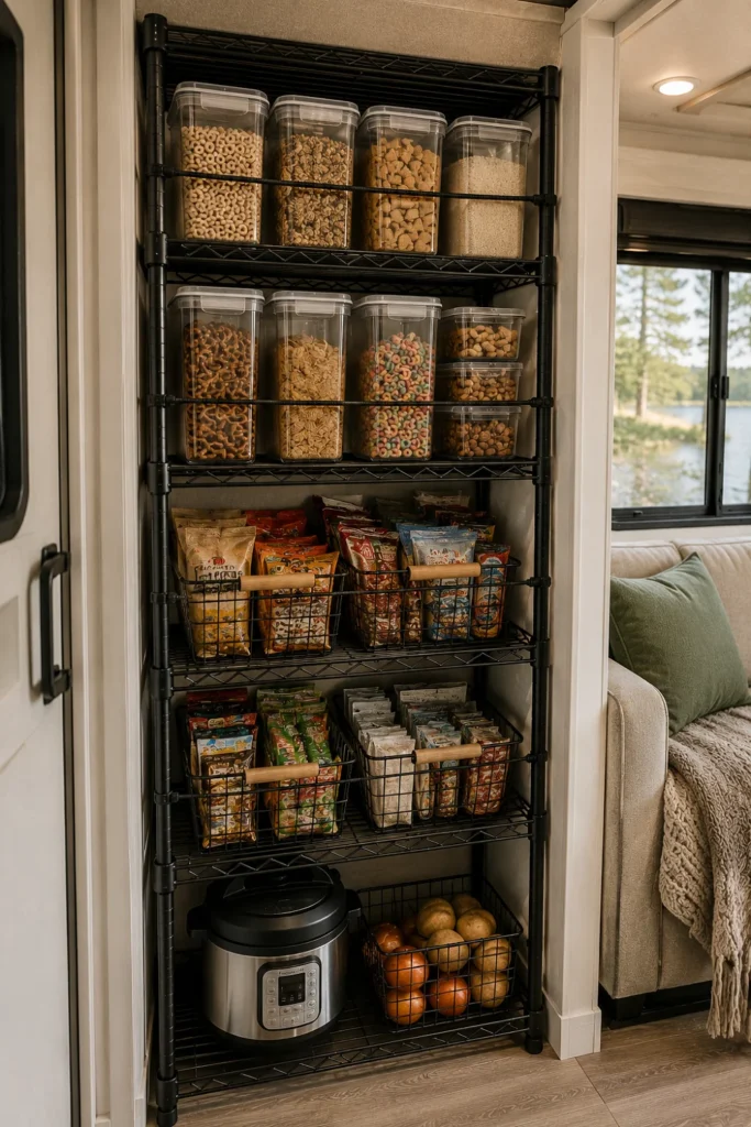 Tall black wire shelving rack organized with clear pantry bins and security cords replacing an RV dining booth.
