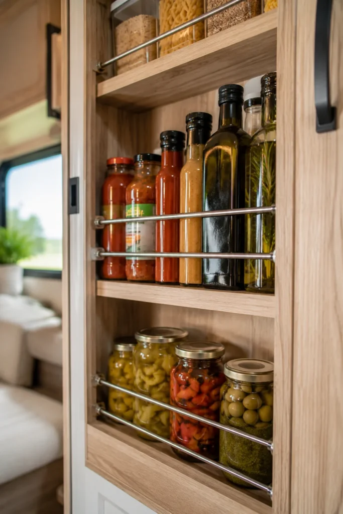 Spring tension rods mounted across an open RV cabinet shelf holding oil bottles securely in place during travel.