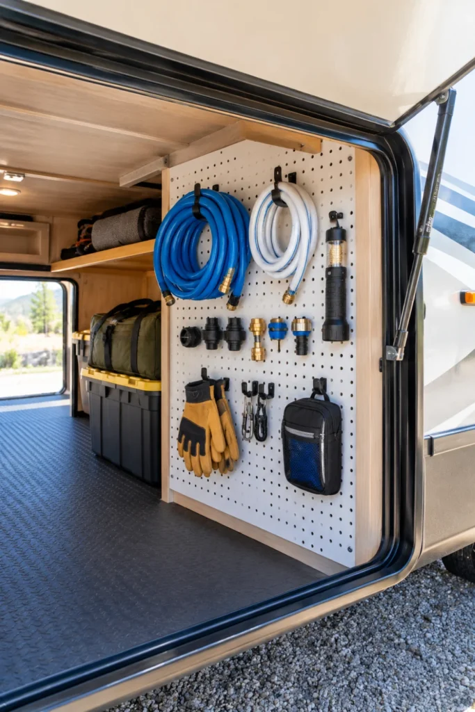 White pegboard mounted inside an RV pass-through basement storage bay organizing tools and hoses.