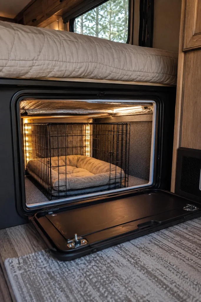 Wire crate integrated into an RV heated pass-through storage hold with interior bed access.
