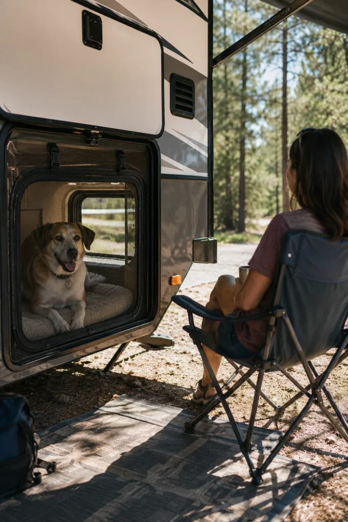 Camper exterior pass-through storage bay converted into a shaded resting lounge for dogs at a campsite.