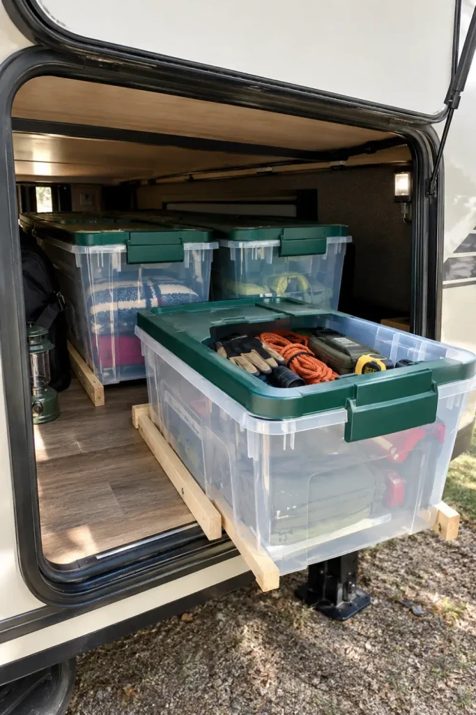 Clear plastic totes with green lids sliding on DIY wooden floor rails inside an RV pass-through bay