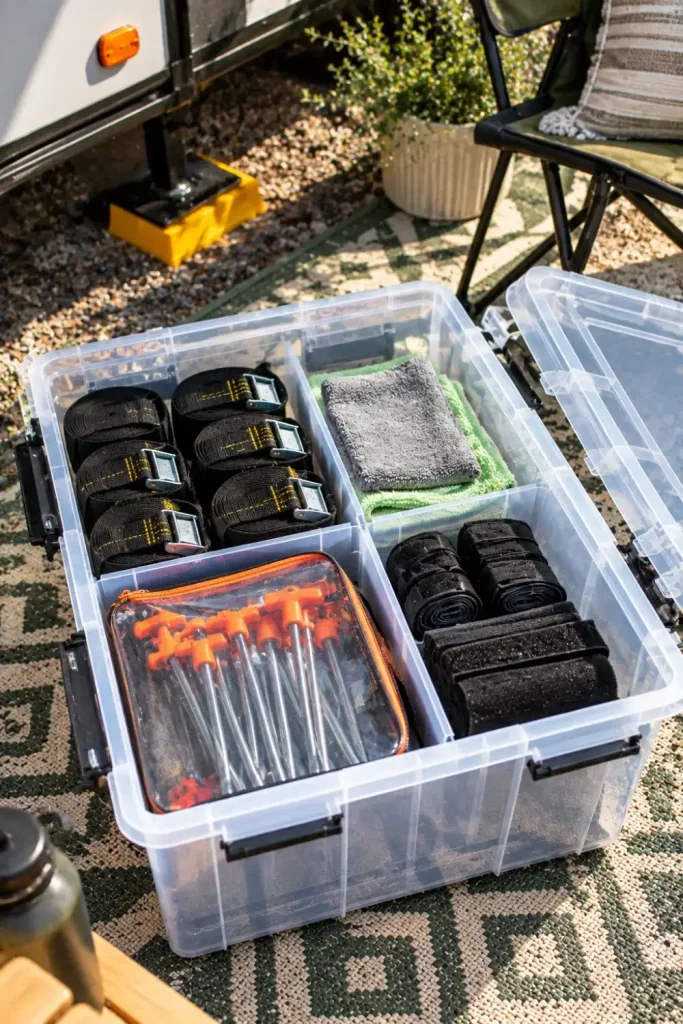 Clear plastic latching storage tub neatly packed with campsite tie-down straps, ground stakes, and clean-down supplies.