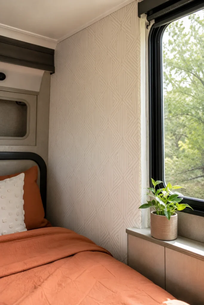 A brightened RV bunkhouse wall updated with light cream geometric peel-and-stick wallpaper.