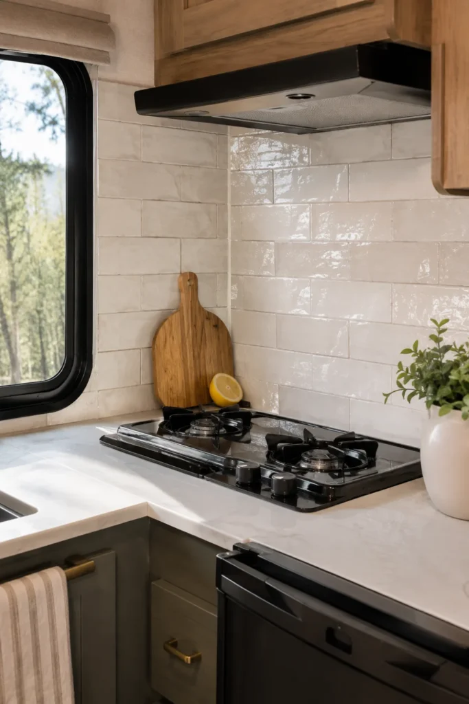 Peel and stick white subway tile backsplash behind an RV stove in a camper kitchen.