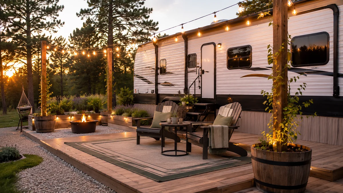 Spacious permanent RV site setup with a ground-level wood deck, Adirondack chairs, string lights, and planters under the awning.