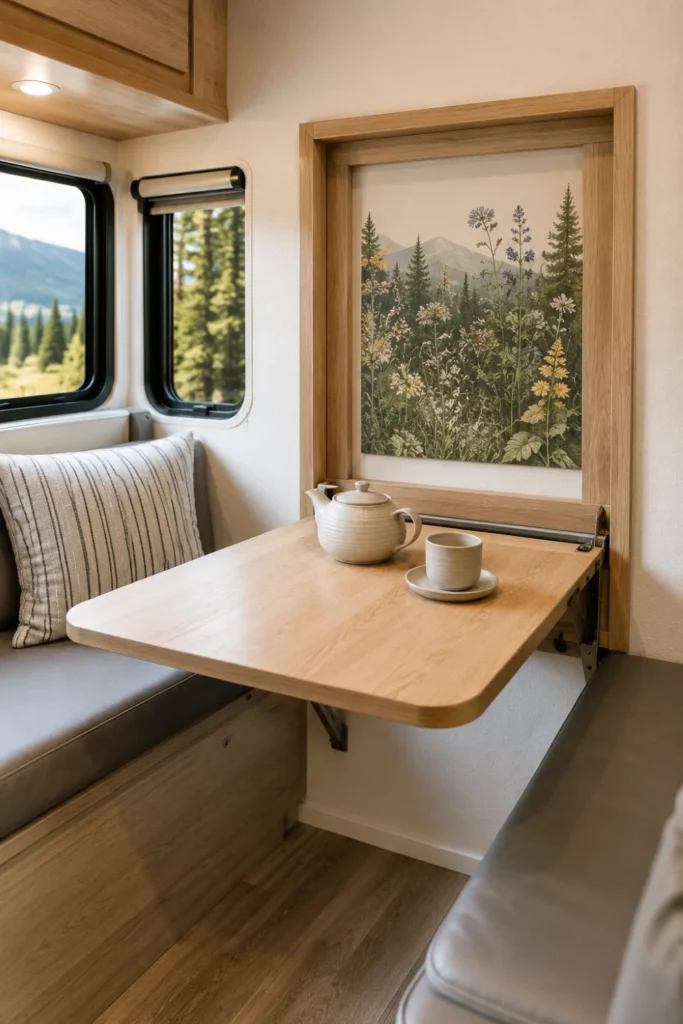 Picture frame fold-down table lowered in a camper with botanical artwork framed on the wall.
