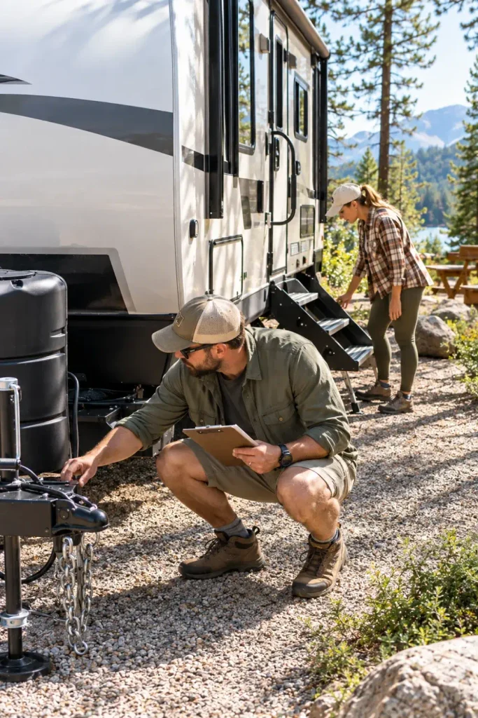 Two RV travelers checking the trailer hitch and entry steps with a departure checklist before leaving camp.
