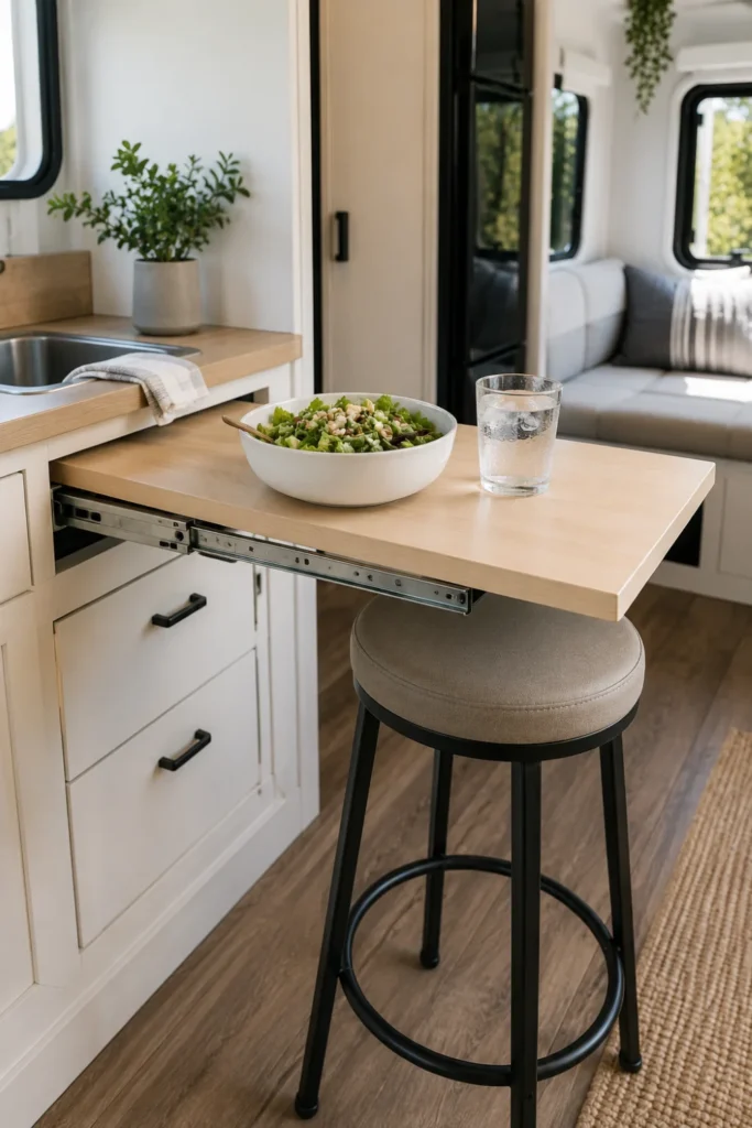 Pull-out butcher block countertop extension on heavy-duty drawer slides creating a camper dining bar.
