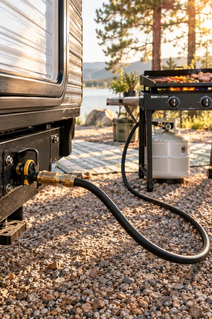 Low-pressure propane extension hose connected to an RV quick-connect port powering an outdoor griddle.