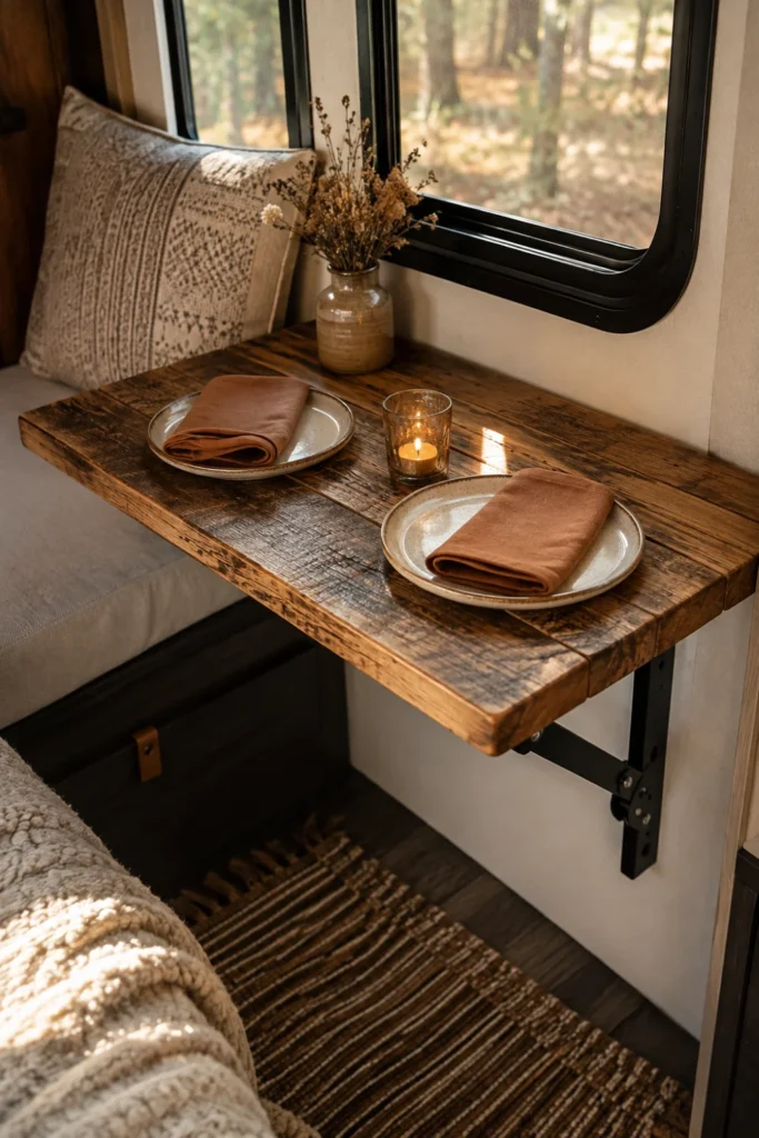 Rustic reclaimed wood plank table mounted on folding wall brackets in a cozy renovated camper.