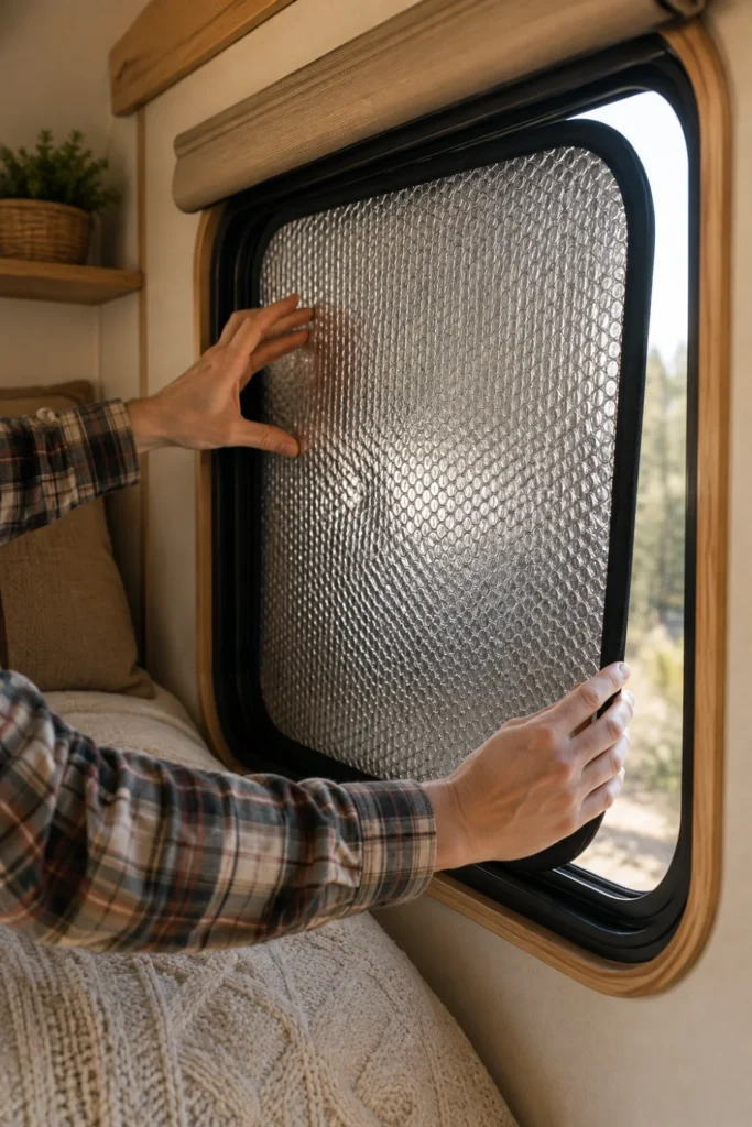 Custom-cut reflective foil bubble insulation insert fitted snugly inside an RV camper window frame.