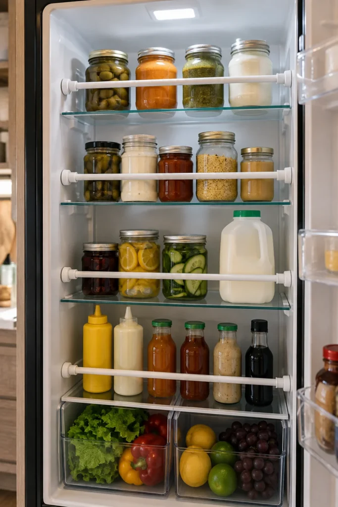 White tension rods set across shelves in an RV refrigerator to prevent food jars from falling.
