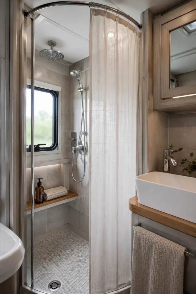 Self-cleaning retractable shower screen installed inside a compact RV wet bath.