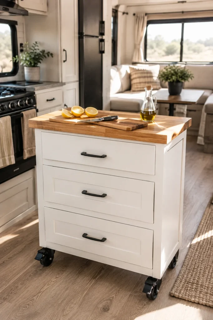 Rolling kitchen island cart with butcher-block counter and locking wheels used as an RV dinette alternative.