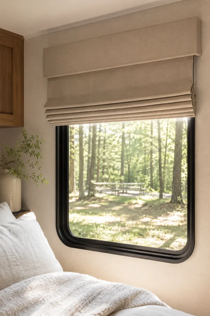 Fabric Roman shade mounted inside a camper window frame overlooking a forest campsite.