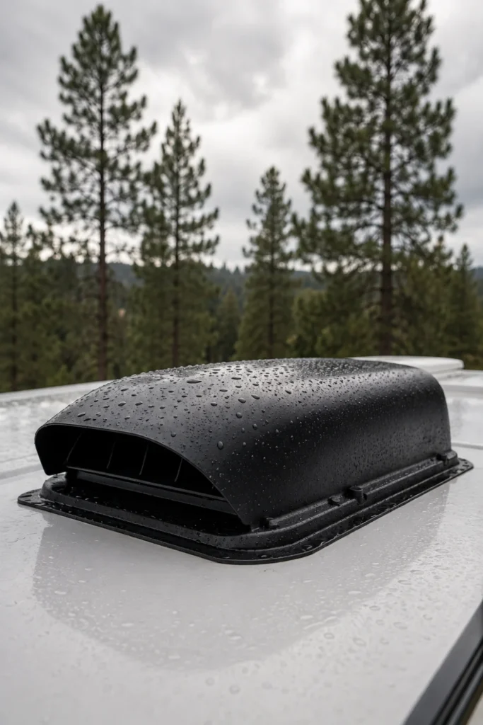 Aerodynamic black RV roof vent cover installed on a white camper roof during a light rain shower.