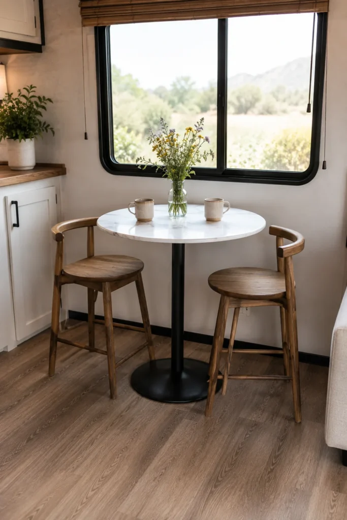 Compact round marble-top bistro table with two minimalist stools opening up an RV slideout floor plan.