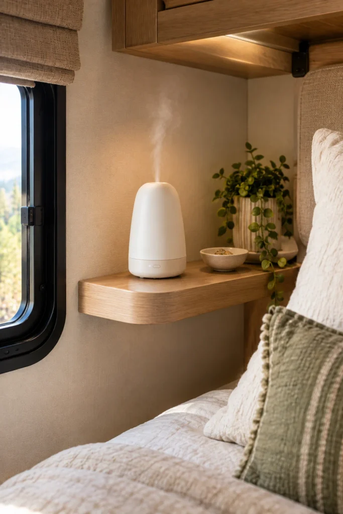 A sleek, waterless matte white USB-rechargeable aroma diffuser sitting on a bedside shelf in an RV, replacing the need for an open flame candle.