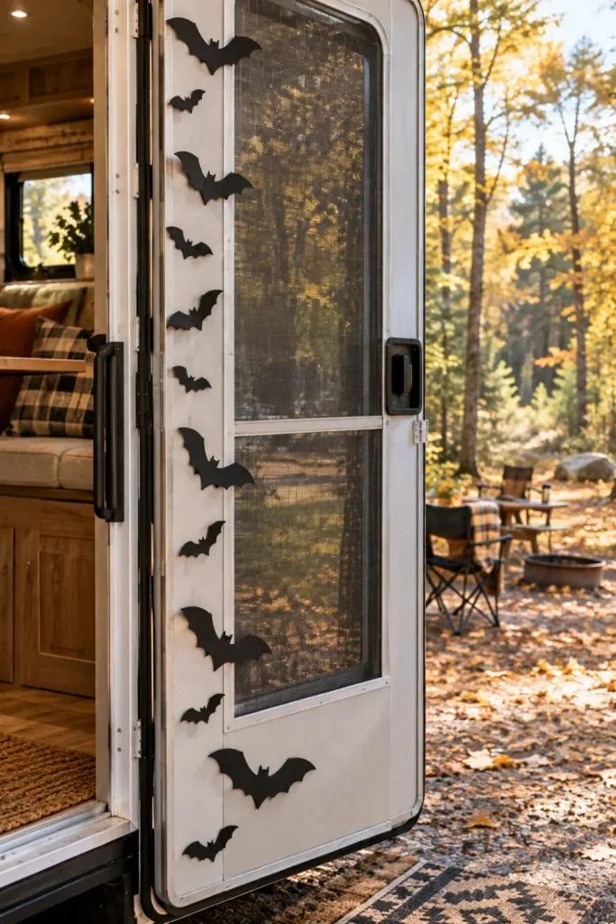 Matte black bat cutouts arranged in an upward flight pattern on an RV aluminum screen door frame.
