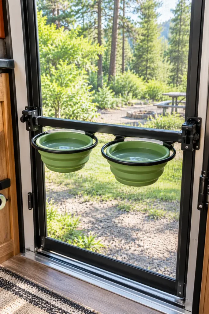 Collapsible silicone dog bowls mounted to an RV screen door frame with a clamp bracket.