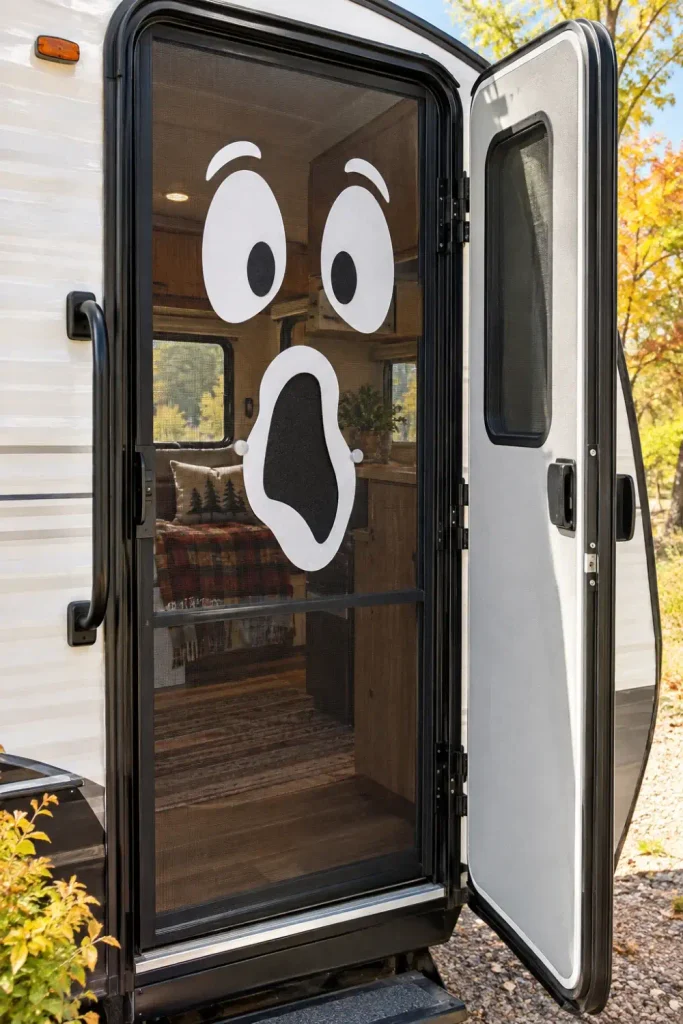 RV camper screen door turned into a ghost face with white craft foam eyes and mouth magnetically attached
